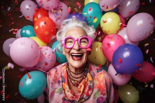 Joyful senior woman with colorful balloons celebrating her birthday.