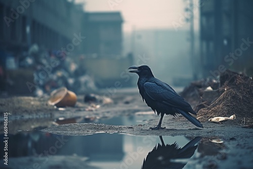 An urban scene with a raven. Polluted environment with toxic water and air. Generative AI photo