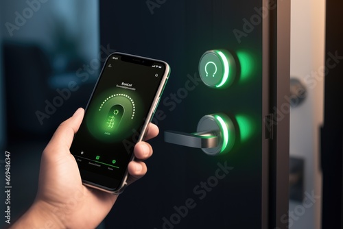 opening house door with smartphone. smart lock system and IoT concept. Hand with phone using app to open home electronic lock