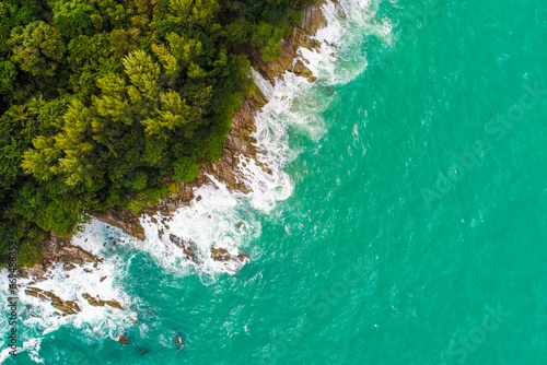 Aerial view sea beach wave on tropical sea island