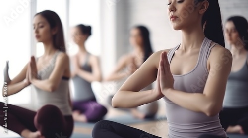 Yoga class, meditation group of women doing exercises for fitness © maretaarining