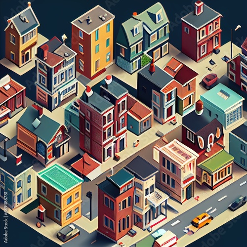 Isometric Buildings Pattern, Houses Texture Background, Isometric Town, Abstract Generative AI Illustration