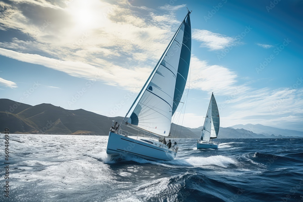 Luxury Yachts at Sea, Sailing Regatta, Sailing Sport in Ocean Waves, Generative AI Illustration - obrazy, fototapety, plakaty 