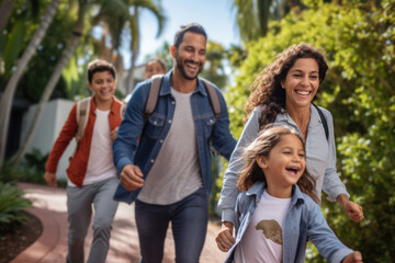 smiling family walking outdoor together