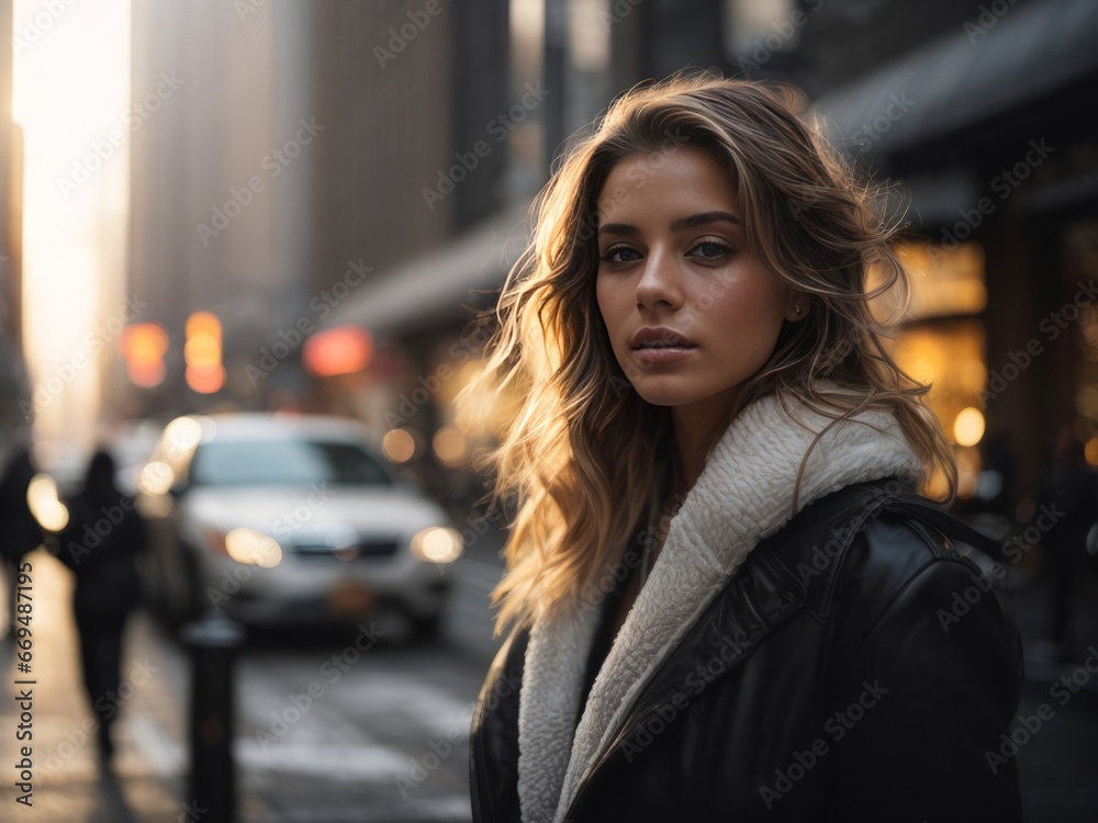 A cinematic shot beautiful girl in a nice, winter jacket on the streets of New York. Looking straight into the camera. Sunset time