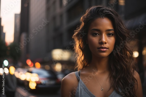A cinematic shot beautiful black woman in a nice, bluesummer dress on the streets of New York. Looking straight into the camera. Sunset time. Nice bokeh.a © Sasa Lalic