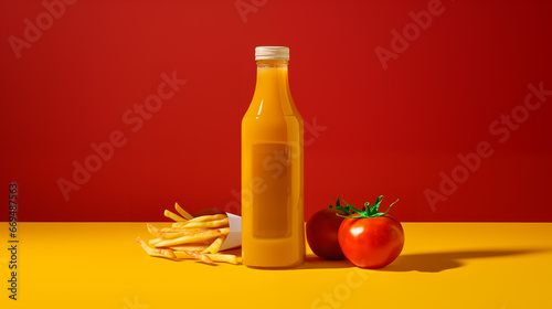 Banana ketchup in a vibrant gold hue, with tantalizing fries and a fresh tomato, evokes culinary dreams. Generative AI.