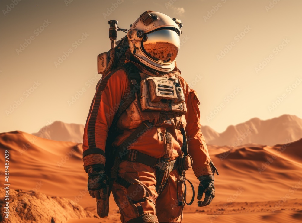Beautiful astronaut stand in in a desert on a different planet. Generative AI Beautiful astronaut stand in in a desert on a different planet. Generative AI