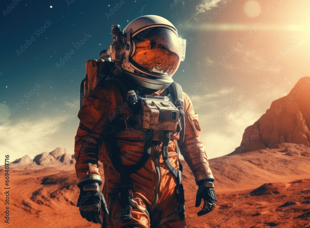Beautiful astronaut stand in in a desert on a different planet. Generative AI Beautiful astronaut stand in in a desert on a different planet. Generative AI