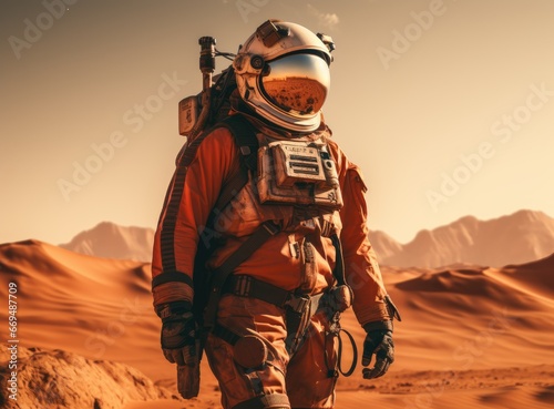 Beautiful astronaut stand in in a desert on a different planet. Generative AI © Евгений Кобзев