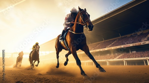 A jockey during a horse race rides his horse © maretaarining