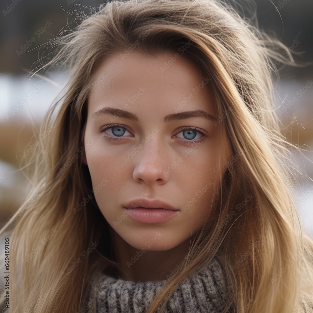 Portrait of a beautiful young girl in the park in winter.