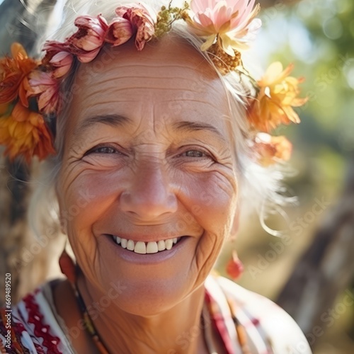 Portrait of a happy senior woman with flowers in her hair.