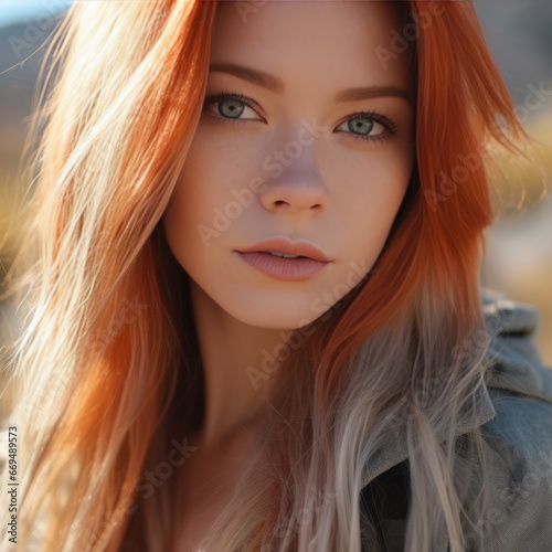 Portrait of a beautiful young redhead girl with long hair.