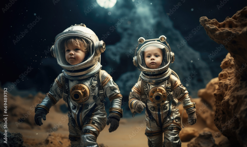 Two children in spacesuits joyfully play on a lunar surface. Two children in spacesuits joyfully play on a lunar surface.