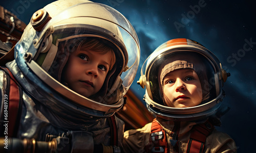 Two children in spacesuits joyfully play on a lunar surface.