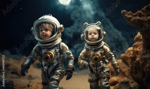 Two children in spacesuits joyfully play on a lunar surface. © smth.design