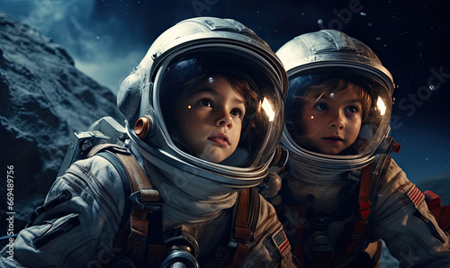 Two children in spacesuits joyfully play on a lunar surface.
