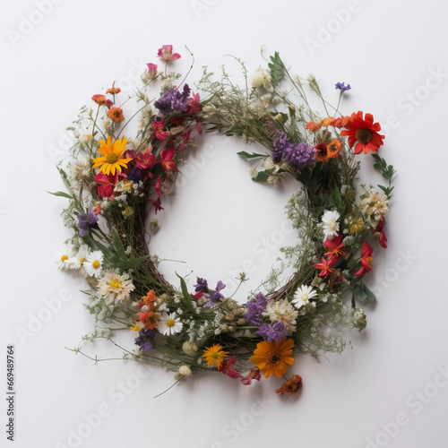 Vibrant Floral Wreath: Colorful Blossoms on a White Background for All Seasons