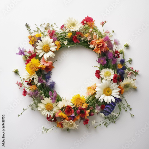 Vibrant Floral Wreath: Colorful Blossoms on a White Background for All Seasons