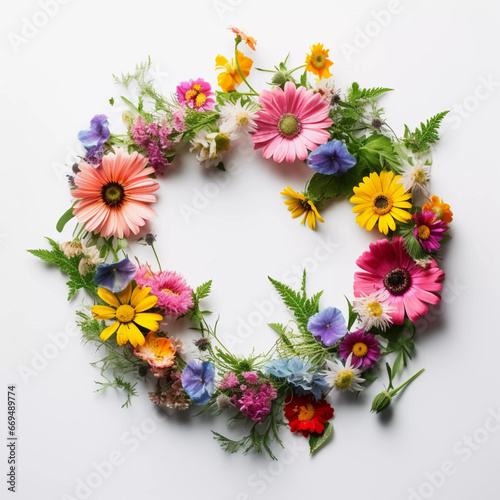 Vibrant Floral Wreath: Colorful Blossoms on a White Background for All Seasons