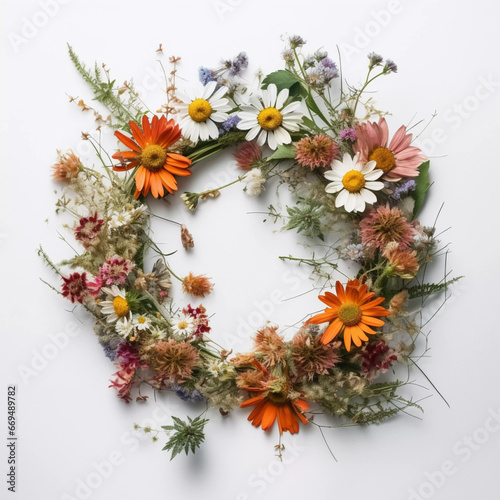 Vibrant Floral Wreath: Colorful Blossoms on a White Background for All Seasons