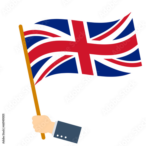 Flag of the United Kingdom of Great Britain and Northern Ireland. Vector illustration flat design. Flag United Kingdom holding in hand. Isolated on white background.