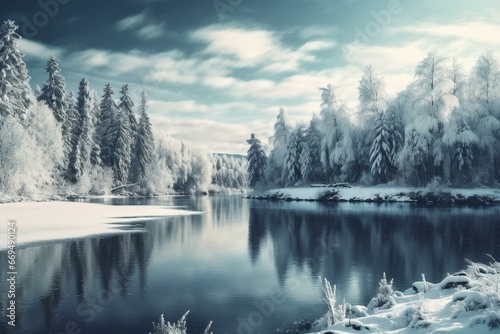 Beautiful winter scene of snow-covered forest with trees and a lake. Ideal for wallpaper, posters, and more. Generative AI © Adriel