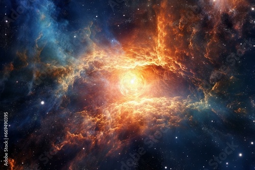 Astro-background, radiant quasar amidst vast cosmos. Generative AI photo