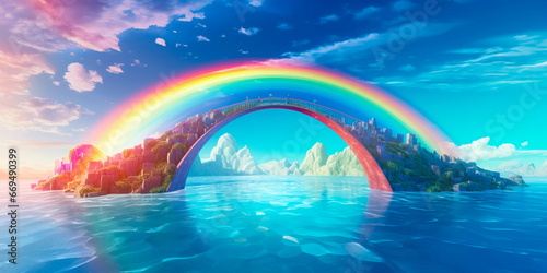 surreal watercolor-like bridge composed of vibrant rainbows that connect two fantastical worlds.