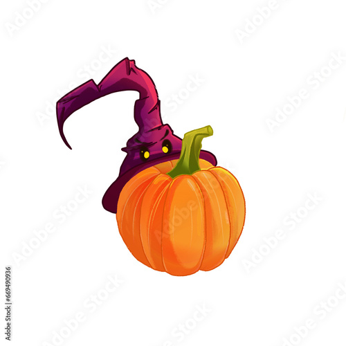 Halloween Pumpkin with Witch Hat and Face on Transparent Background