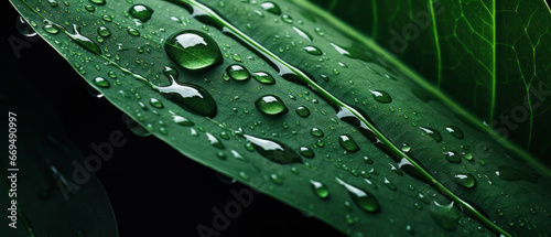 Macro shot of leaf with glistening water droplets.