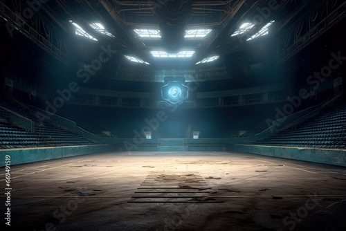 Empty abandoned sport arena illuminated with spotlights. Generative AI