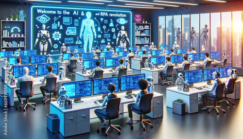 3D cartoon illustration of a futuristic office setting. AI robots, resembling humanoid figures with sleek designs, are seated at high-tech workstation