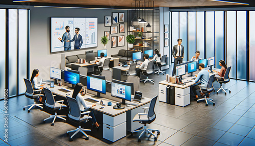 3D cartoon illustration of a modern business office with an open floor plan. Several workstations are set up with ergonomic chairs and high-tech computers 
