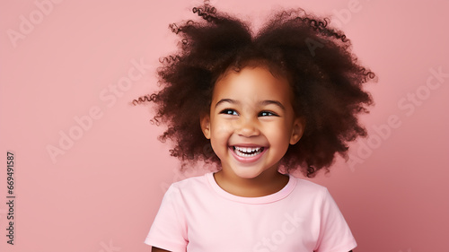 Portrait of a cute little African American baby laughing on pink background, Generative AI