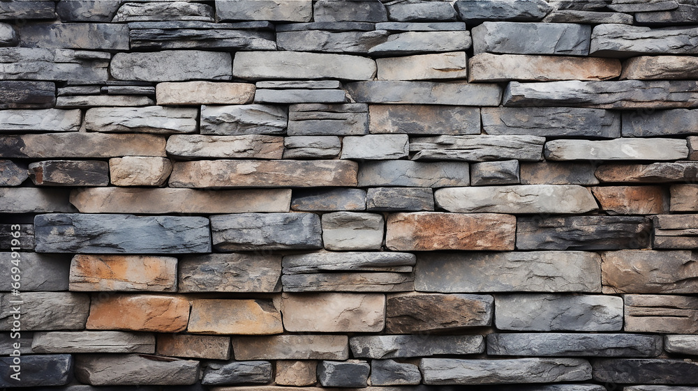Stacked stone wall texture background, Generative AI
