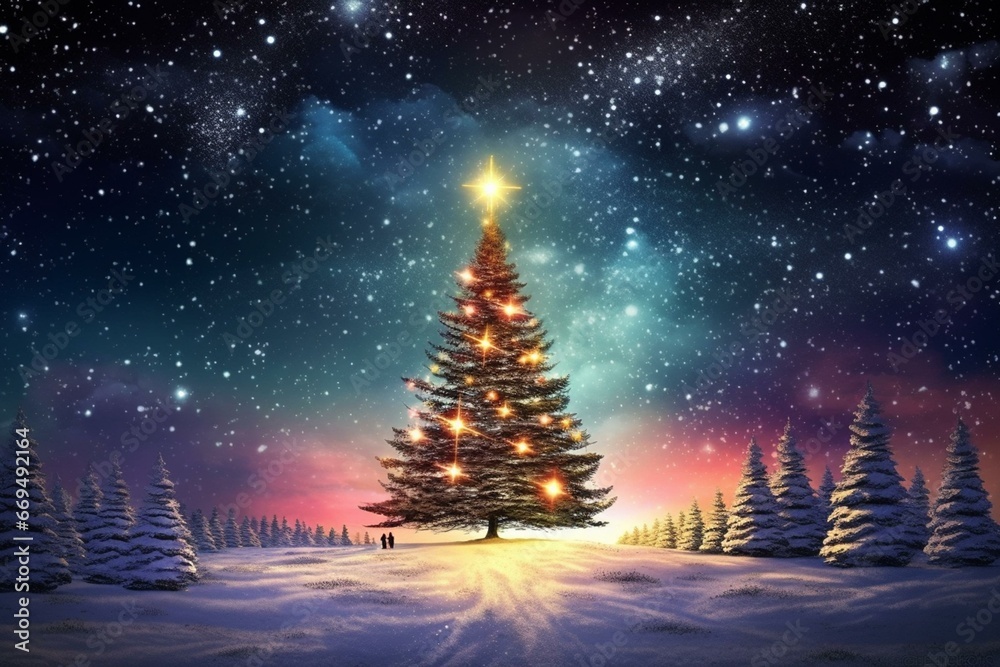 attractive celestial being by Xmas tree amidst snow, starry night sky, artwork style. Generative AI