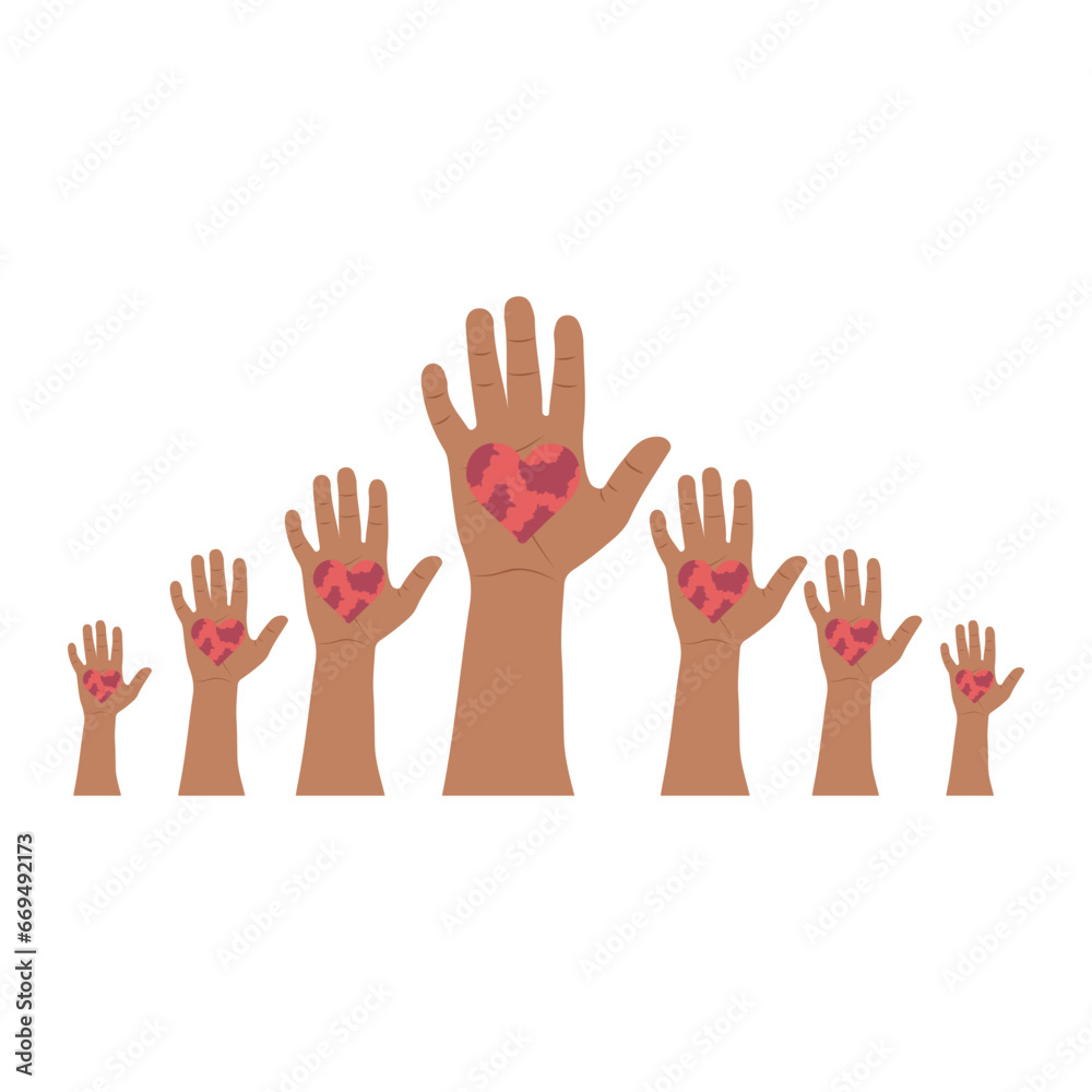 orld Kindness Day greeting card, conceptual vector illustration with variety of human hands holding hearts. November 13.