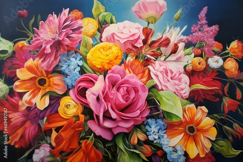 Vibrant floral artwork in oil paints capturing the essence of a summer bouquet. Generative AI © Mia