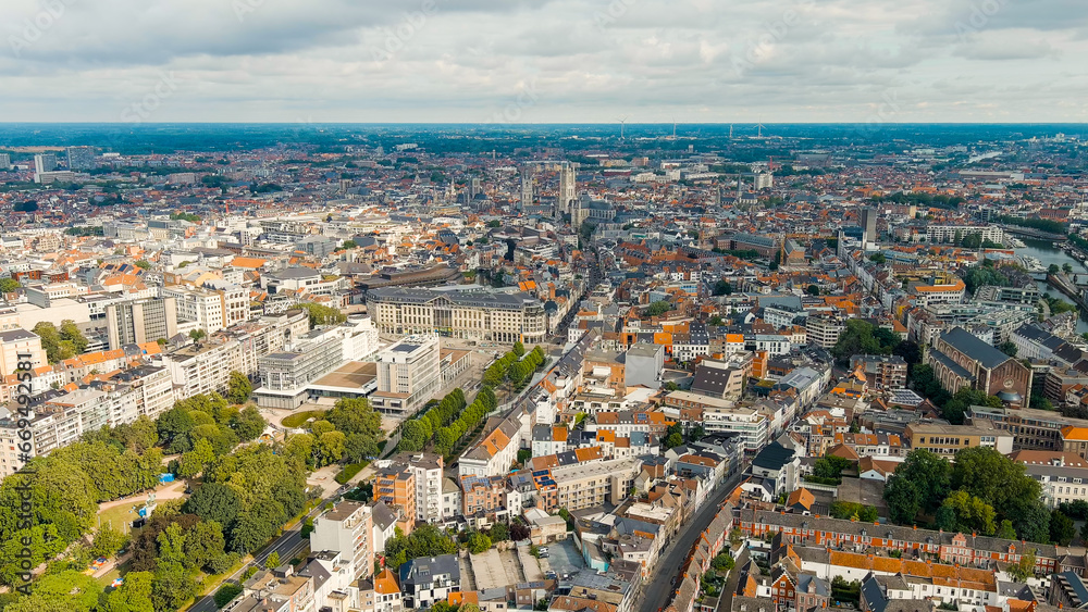 Ghent, Belgium. Panorama of the central city from the air. Cloudy weather, summer day, Aerial View