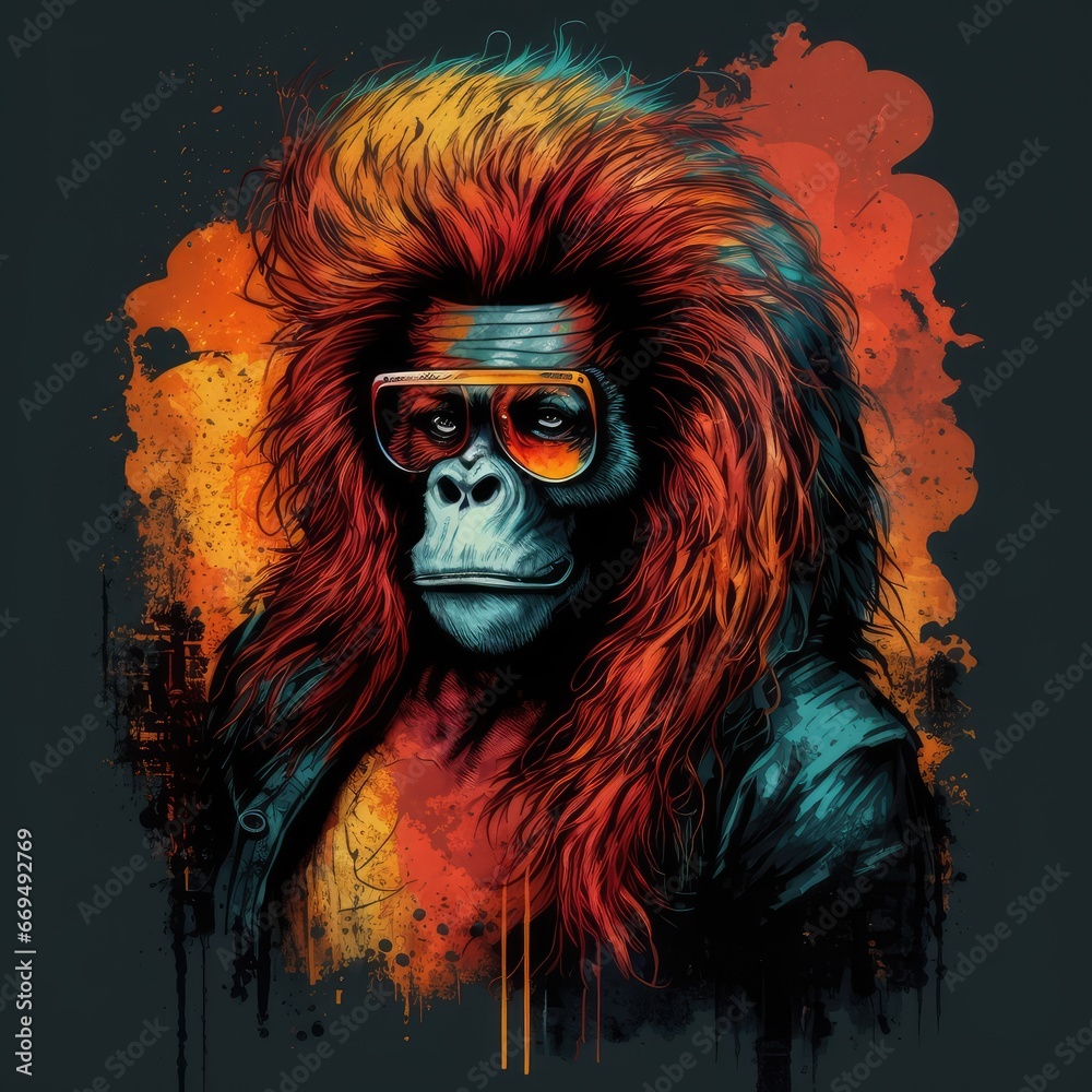 Orangutan with hair and glasses AI generative illustration