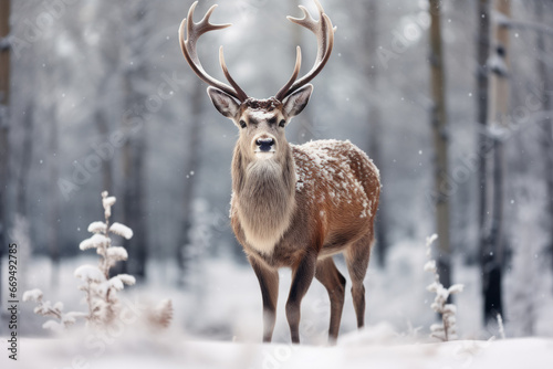 Noble male deer in winter snowy forest. Winter Christmas landscape.