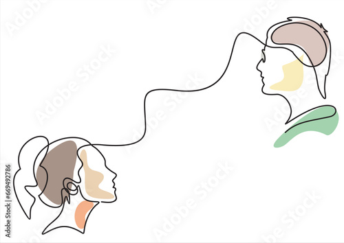 Couple teens communication concept. Young man and woman faces silhouettes. Continuous one line drawing. Black and white vector illustration