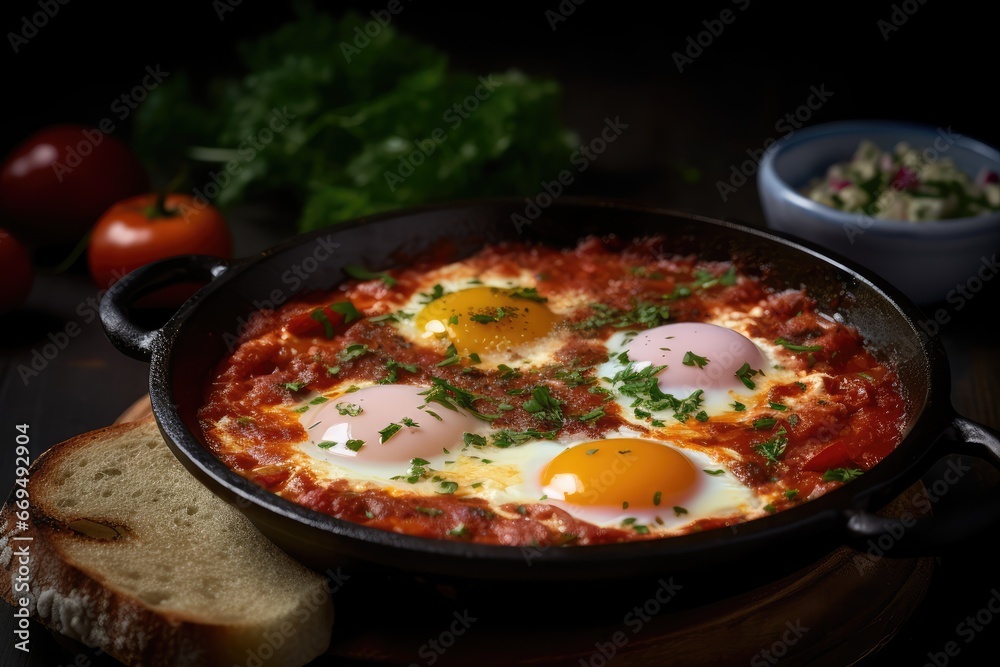 Shakshuka Breakfast, Healthy Vegetable Shakshouka with Eggs, Israel Shakshuka, Abstract Generative AI Illustration Shakshuka Breakfast, Healthy Vegetable Shakshouka with Eggs, Israel Shakshuka, Abstract Generative AI Illustration