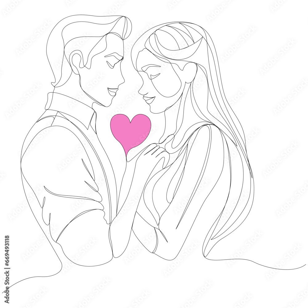continuous line art drawing style. Loving man and woman. Romantic date. Black linear sketch isolated on white background.