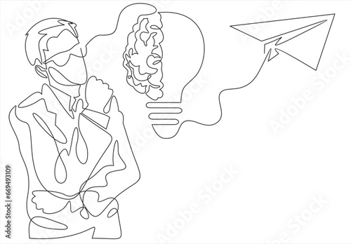 The man came up with an idea. Light Bulb and Paper Plane.One continuous line.