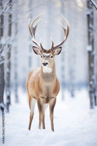Noble male deer in winter snowy forest. Winter Christmas landscape.