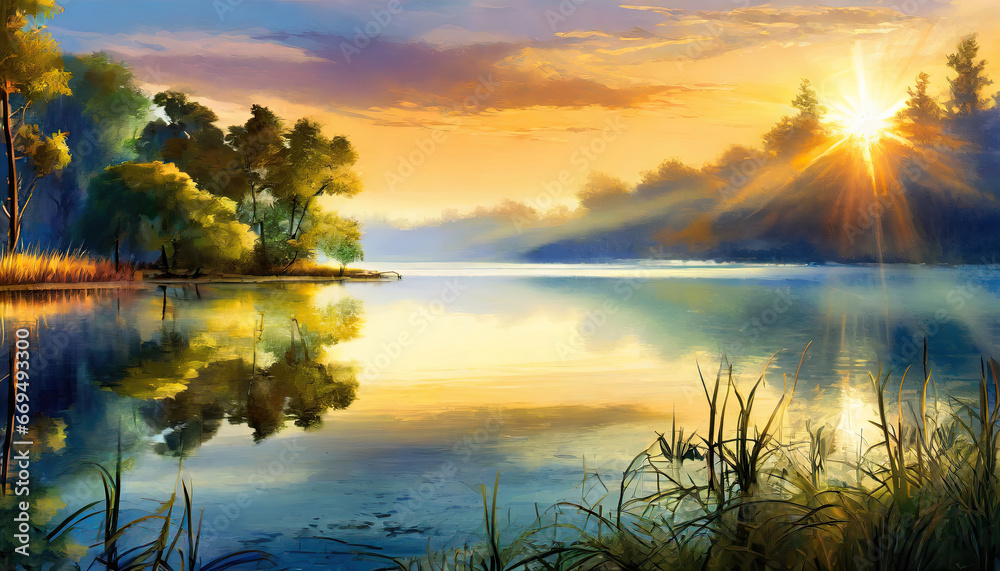 Sunrise on a serene lake, serene surroundings, gentle morning light, exquisite photography.