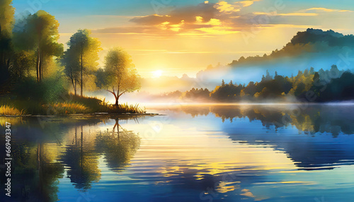 Sunrise on a serene lake, serene surroundings, gentle morning light, exquisite photography.